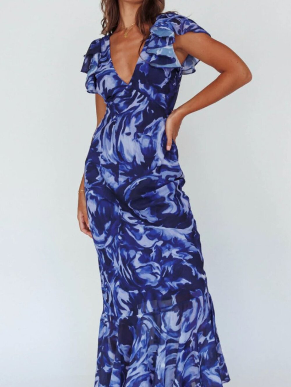 Lydiah Ruffle Sleeve Maxi Dress Floral Blue